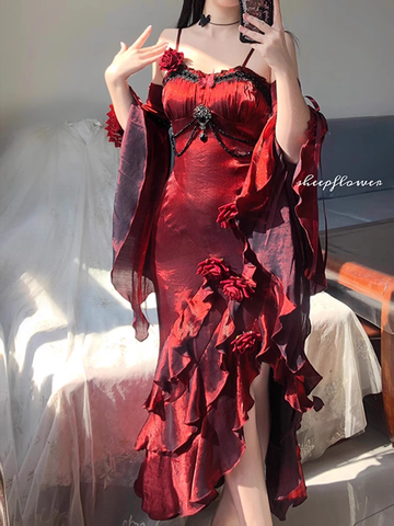 Niulatu High Low Spaghetti Straps Floor Length Burgundy Flowers Prom Dresses Birthday Dress SD463